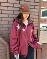 Sking Star Print Stripe Colorblock Loose Fit Hoodie Zip-Up