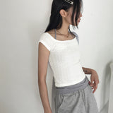 Dejen embossed off-shoulder short sleeve tank top T-shirt