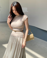 [Two-piece Set] Soche Ribbed Cap Knit Chiffon Skirt Set (Belt Set)