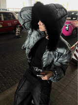 Carrot washed denim embroidered padded coat + black fur