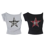 チェックスターオフショルダーTシャツ 231137997