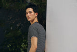 ストライプスリムヘンリーネックハーフTシャツ(Black)