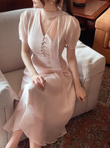 Hanin V-neck Chiffon Tie Short Sleeve Long One Piece