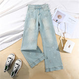 Light Wash Rhinestone Flare Jeans – Relaxed Wide Micro Flare Denim