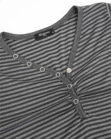 Shirring Henley Neck Long Sleeve Stripe Charcoal