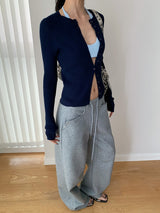 Chewing Ribbed Button Round Neck Long Sleeve Cardigan