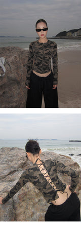 Camo plage back strap long-sleeve zip-up T-shirt