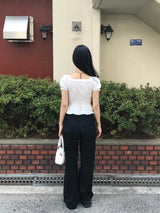 ロミー スクエア レース リボン パフ スモーク ブラウス