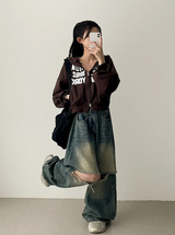 New York Lettering Two Way Cropped Hooded Zip-Up