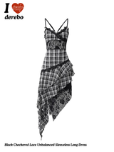 Black Checkered Lace Unbalanced Sleeveless Long Dress