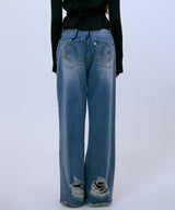 Distressed Wide Denim Pants (BLUE)