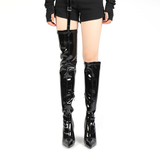 Colorful Bridge | Asymmetrical Over-the-Knee Boots for Women with Belt Clip, Patent Leather, Thin Heels, Pointed Toe, Elastic Boots