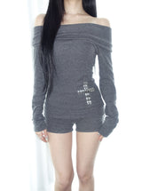 Cross Crystal Off-Shoulder Top