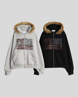 (UNISEX) USA Flag Fur Hood Zip-up