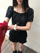 Lovely Note Two-Way Square Neck Off Shoulder Ribbon BLouse