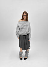 [MADE] Doobin Printed Off-Shoulder Fleece-Lined Sweatshirt