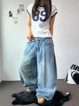 Truegen Button Waistband Side Pintuck Balloon Denim Pants 4color