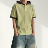 Eck Coloring Henley neck ringer hooded short-sleeved T-shirt (4 colors)