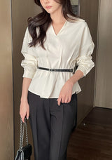 ドベリンオープン襟付きピンタックブラウス(ベルトセット)