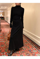 Half Turtleneck Black Flared Long Dress