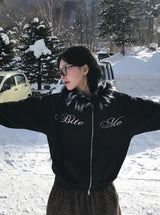 Bite lettering raccoon fur hood zip-up