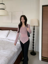 ベールラップシャーリングアシンメトリック長袖Tシャツ