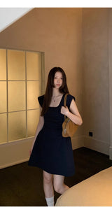 Navy Round Square Flared Dress