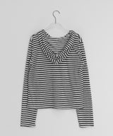 サユストライプボタンフード長袖Tシャツ