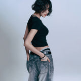 Sun Patch Leopard Balloon Denim Pants - BLACK