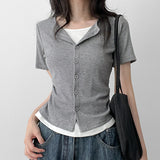 Spandex Layered Loose Fit Short-Sleeved Cardigan Short-Sleeved T-Shirt (5 colors)