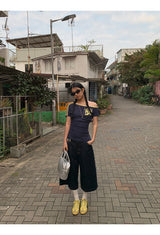 Checked pocket dark blue wide cropped denim