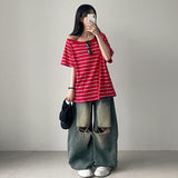 Watt Unfooted Off Shoulder Stripe Boxy Fit Short Sleeve