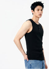 Ribbed Henley-Neck Sleeveless Top Black