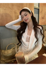 White Smudge Lace Shirring Long Sleeve T-shirt