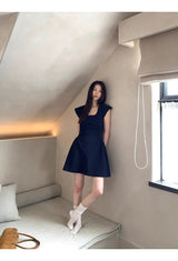 Navy Round Square Flared Dress