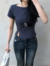Lost Ball Stud Boat Neck Slit Half Tee