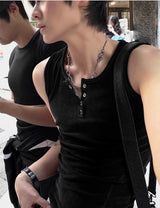 Velvet Henley Neck Track Detail Muscle Fit Sleeveless