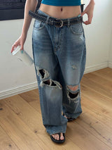 Knee destroyed wide denim pants