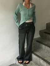 Chloe Button Roll Up 3/4 sleeve 2-Way Vneck (5c)