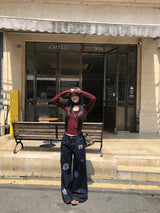 スタンプダークブルーストレートデニムパンツ