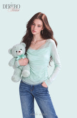 Mint chiffon mesh shirring long-sleeve tee