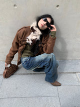 スエードレースアップノーカラージャケット