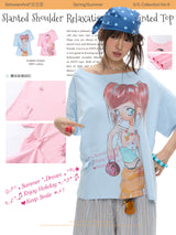 BETWEENAND スラウチーショルダー ライトウェイト カートゥーンガール プリント サマー Tシャツ