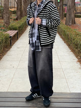 Hula stripe hooded knitwear zip-up