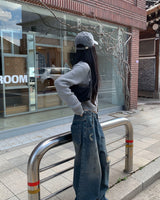 (Unisex) ボタンダメージデニムパンツ