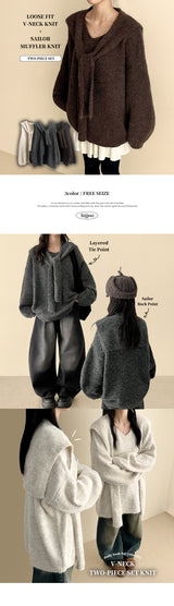 Roel Sailor Collar Muffler V-Neck Knitwear Set