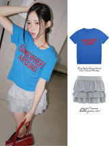 Blue Red Lettering Round Short-Sleeved Knitwear