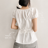 Itf サイドラインシャーリングストラップボタンショートスリーブブラウス(3 colors)