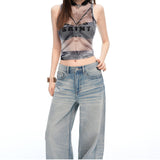 Low-Rise Cat-Whisker Wash Wide-Leg Denim Pants