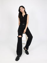 デストロイド スリム ワイドフィット デニム パンツ ブラック コード6836